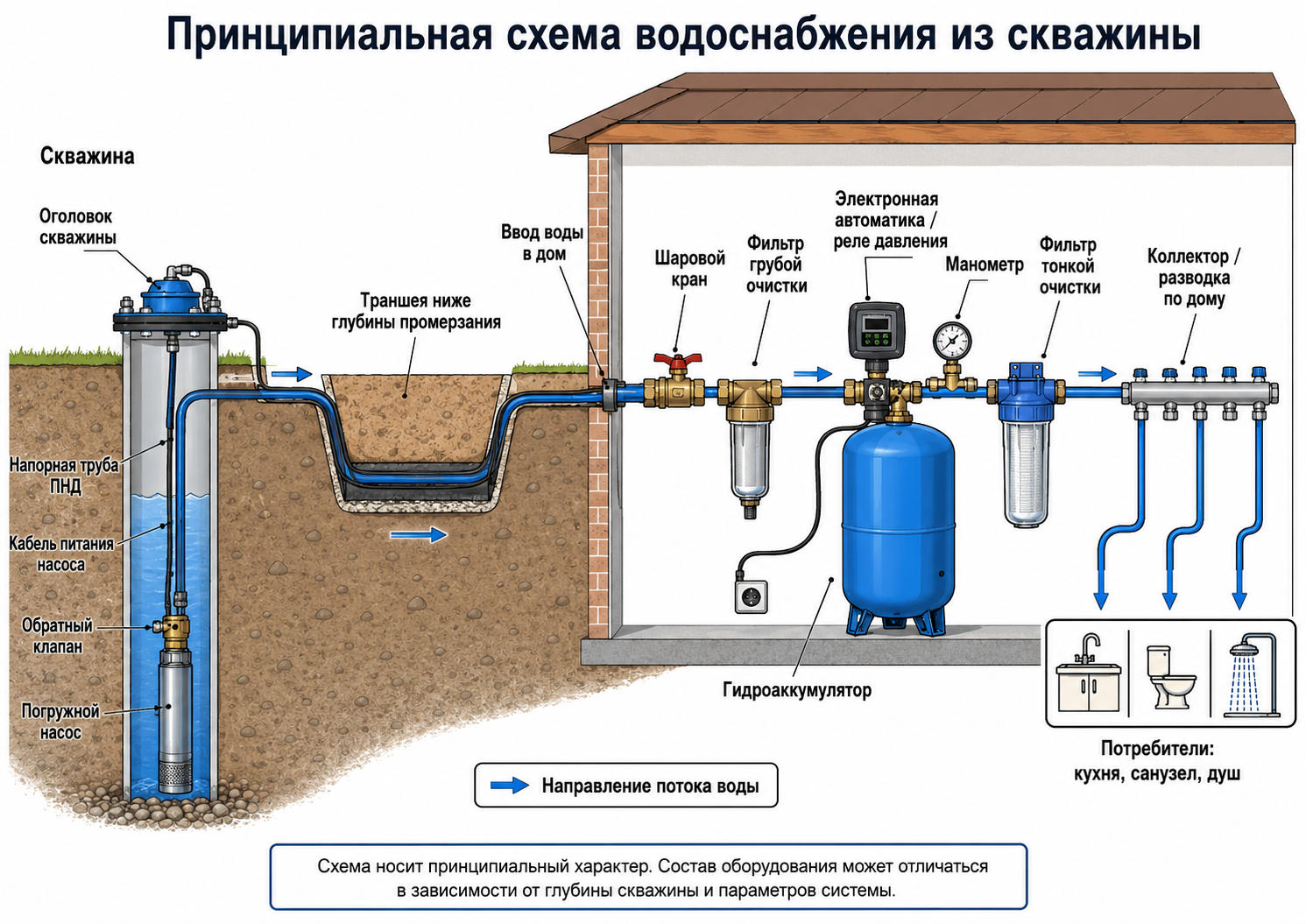 Принципиальная схема обвязки скважины: насос, гидроаккумулятор, автоматика и ввод воды в дом